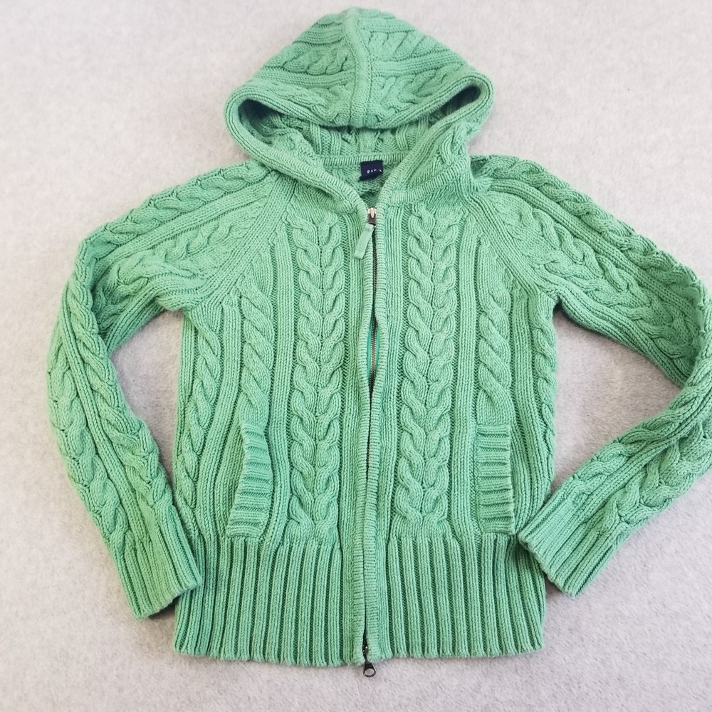 Vintage Gap Sweater Womens Small Green Cable Knit Hoodie Full Zip‎ Hooded Y2K